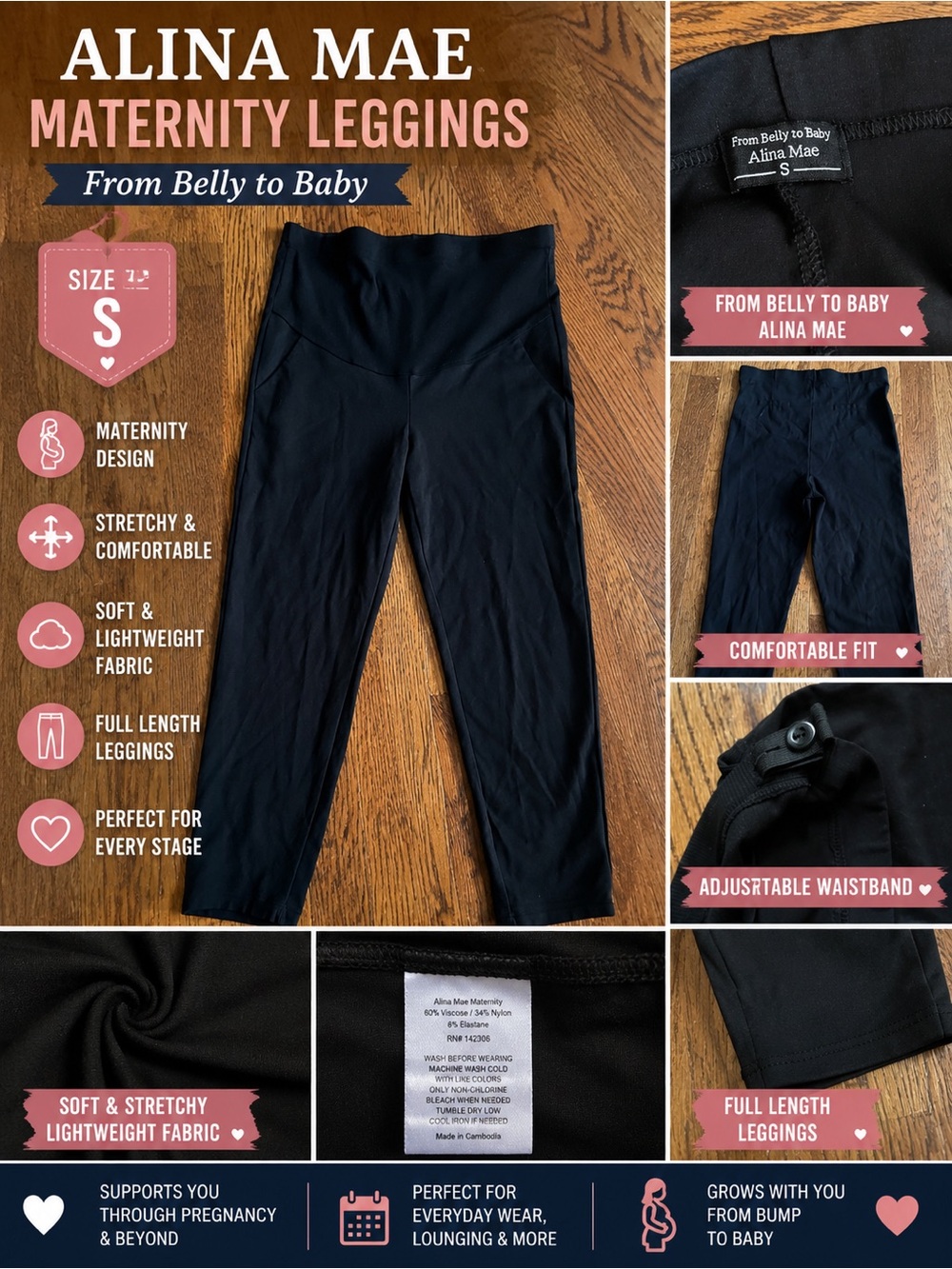 Maternity Leggings Black Size Small Adjustable Waist Pregnancy Activewear